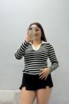 Kadın Polo Yaka Çizgili Kaşkorse Body Siyah