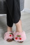 Kadın Peluş Kirazlı Ev Terliği Pembe