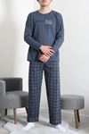 Süprem Ekose Bisiklet Yak Uzun Kol Baskılı Erkek Pijama Takımı Lacivert