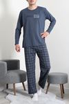Süprem Ekose Bisiklet Yak Uzun Kol Baskılı Erkek Pijama Takımı Lacivert