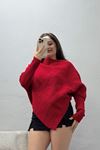 Kadın Kayık Yaka Asimetrik Kesim Triko Kazak Kırmızı