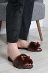 Kadın Peluş Kirazlı Ev Terliği Açık Kahve