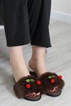 Kadın Peluş Kirazlı Ev Terliği Açık Kahve