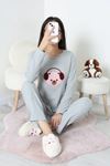 Kadın Fitilli Baskılı Pijama Takım Gri