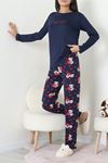 Kadın Milan Baskılı Pijama Takımı Lacivertkırmızı