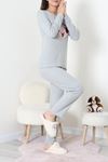 Kadın Fitilli Baskılı Pijama Takım Gri