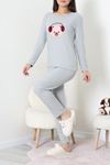 Kadın Fitilli Baskılı Pijama Takım Gri