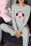Kadın Fitilli Baskılı Pijama Takım Gri