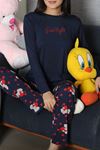 Kadın Milan Baskılı Pijama Takımı Lacivertkırmızı