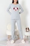 Kadın Fitilli Baskılı Pijama Takım Gri