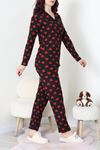 Kadın Süet Düğmeli Pijama Takım Siyahkalpli