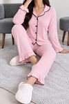 Kadın Bürümcük Düğmeli Pijama Takımı Pudra