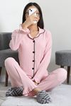 Kadın Bürümcük Düğmeli Pijama Takımı Pudra