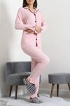 Kadın Bürümcük Düğmeli Pijama Takımı Pudra