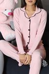 Kadın Bürümcük Düğmeli Pijama Takımı Pudra