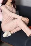 Kadın Süet Düğmeli Pijama Takım Somon