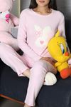 Kadın Fitilli Baskılı Pijama Takım Açıkpembe