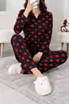 Kadın Süet Düğmeli Pijama Takım Siyahkalpli