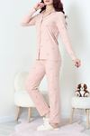 Kadın Süet Düğmeli Pijama Takım Somon