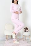 Kadın Fitilli Baskılı Pijama Takım Açıkpembe