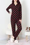 Kadın Süet Düğmeli Pijama Takım Siyahkalpli