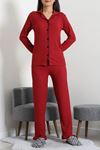 Kadın Bürümcük Düğmeli Pijama Takımı Bordo