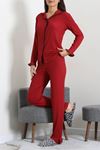 Kadın Bürümcük Düğmeli Pijama Takımı Bordo