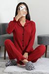 Kadın Bürümcük Düğmeli Pijama Takımı Bordo