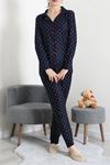 Kadın Süet Düğmeli Pijama Takımı Lacivertyıldız