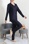Kadın Süet Düğmeli Pijama Takımı Lacivertyıldız