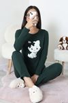 Kadın Fitilli Baskılı Pijama Takım Zümrüt