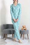 Kadın Süet Düğmeli Pijama Takımı Mint