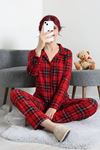 Kadın Süet Düğmeli Pijama Takımı Kırmızıekose