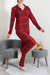 Kadın Süet Düğmeli Pijama Takımı Kırmızıekose