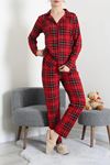 Kadın Süet Düğmeli Pijama Takımı Kırmızıekose