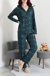 Kadın Süet Düğmeli Pijama Takımı Zümrüt