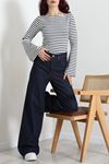 Kadın İki İplik Çizgili Kimono Kol Bluz Lacivert