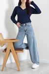 Kadın Dikiş Detaylı Baggy Kot Pantolon Açıkmavi