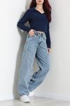 Kadın Dikiş Detaylı Baggy Kot Pantolon Açıkmavi