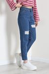Kadın Lazer Kesim Mom Kot Pantolon Mavi Model TV-101246