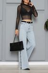 Kadın Zincirli Wide Leg Kot Pantolon Buz Mavi