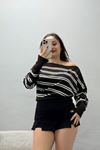 Kadın Triko Kayık Yaka Çizgili Bluz Açık Kahve