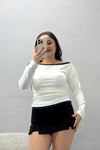 Kadın Modal Şeritli Kayık Yaka Bluz Ekru