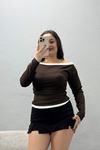 Kadın Modal Şeritli Kayık Yaka Bluz Kahve