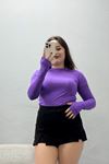 Kadın Dik Yaka Parmak Geçmeli Viskon Body Mor