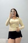 Kadın Polo Yaka Fermuarlı Body Bej