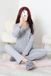 Kadın Bürümcük Düğmeli Pijama Takımı Gri