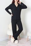 Kadın Bürümcük Düğmeli Pijama Takımı Siyah