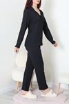 Kadın Bürümcük Düğmeli Pijama Takımı Siyah