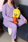 Kadın Bürümcük Düğmeli Pijama Takımı Lila